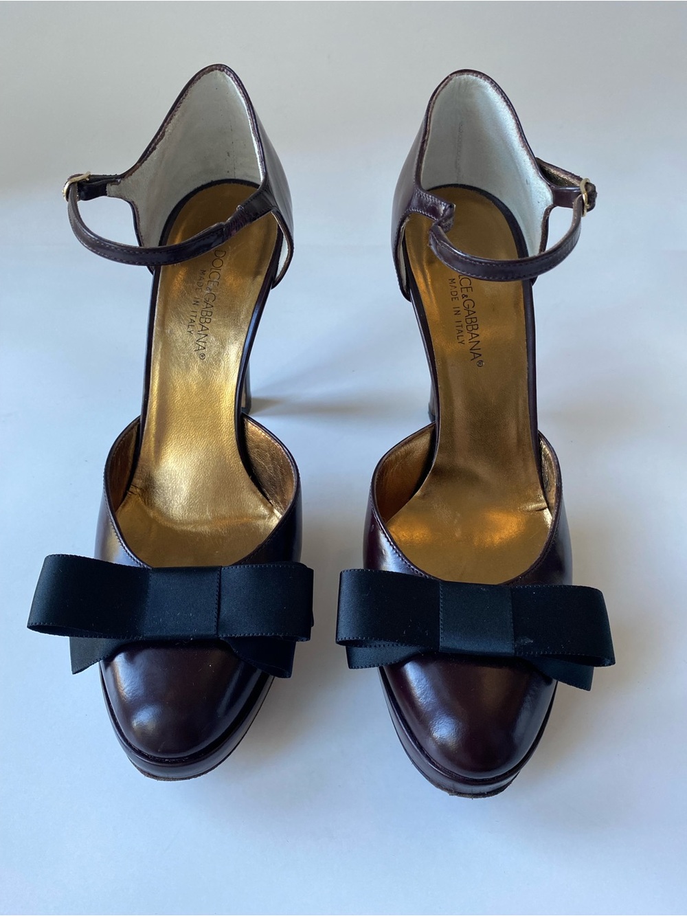 Dolce & Gabbana Burgundy Leather Ankle-Strap platform Heels with Black Bow